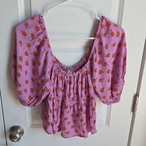 Billabong Purple and Burnt Orange Floral Blouse With Puffy Sleeves Size Large